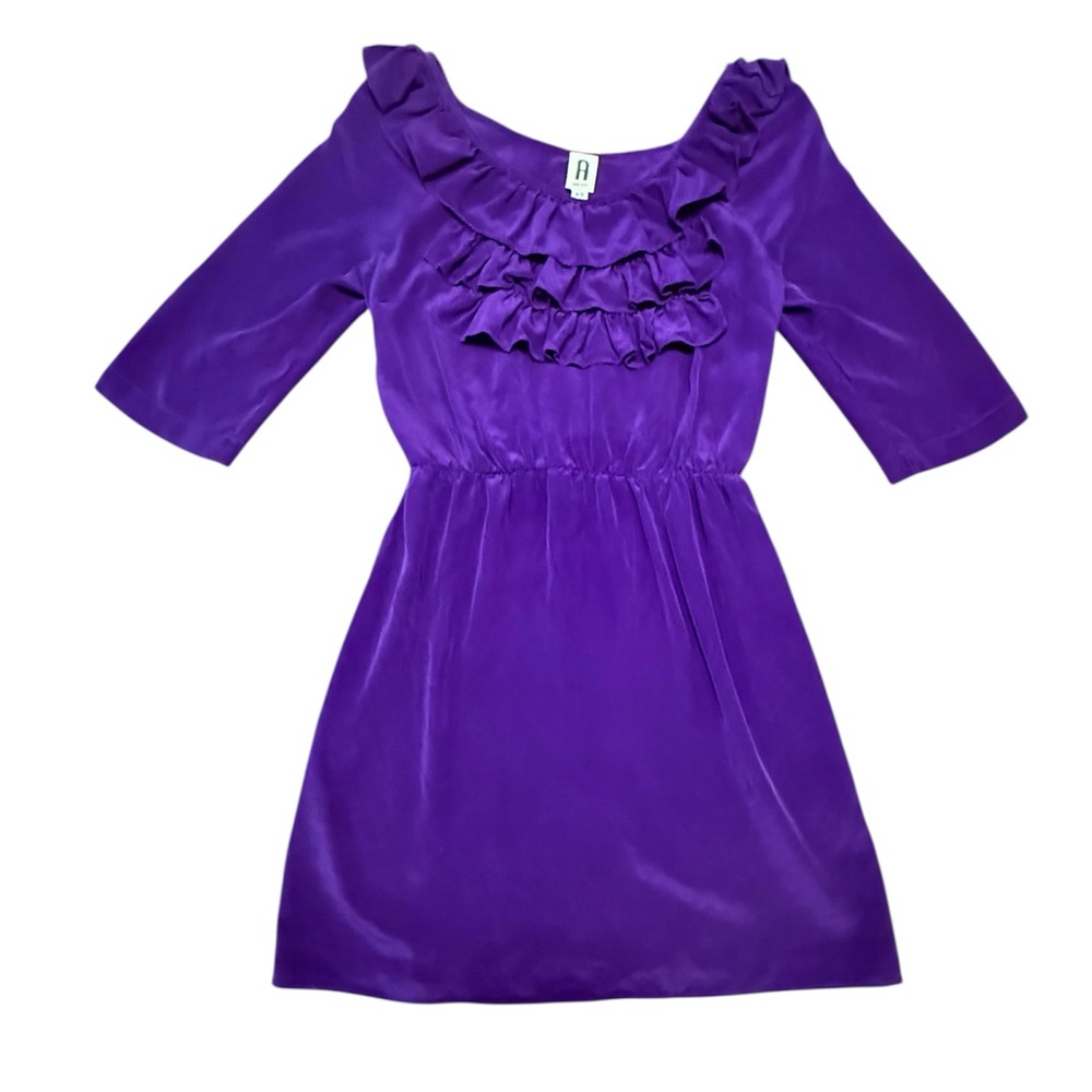Amanda Uprichard Purple 100% Silk Ruffled 3/4 Sleeve Mini Dress Size XS MSRP$228